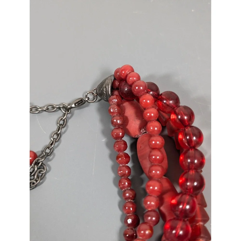 Red Glass Multi Strand Statement Necklace Frosted Beaded Layered‎ 22